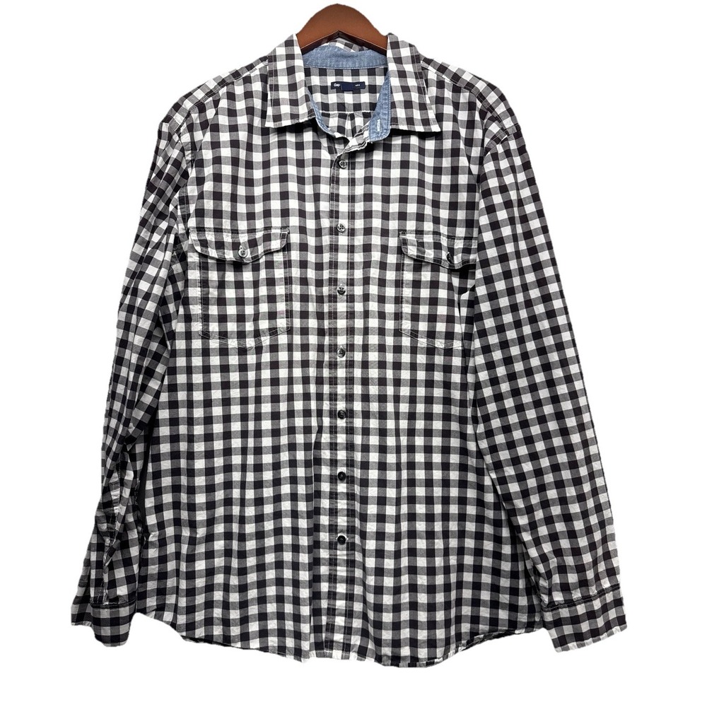 Men's THE GAP Gingham Denim Collar Long Sleeve Button Down Shirt 2XL Black White